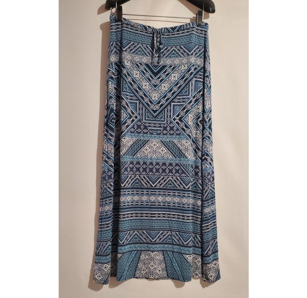 J Jill Geometric Aztec Print Stretch Flowy Maxi Skirt Size S Blue Hippie Boho